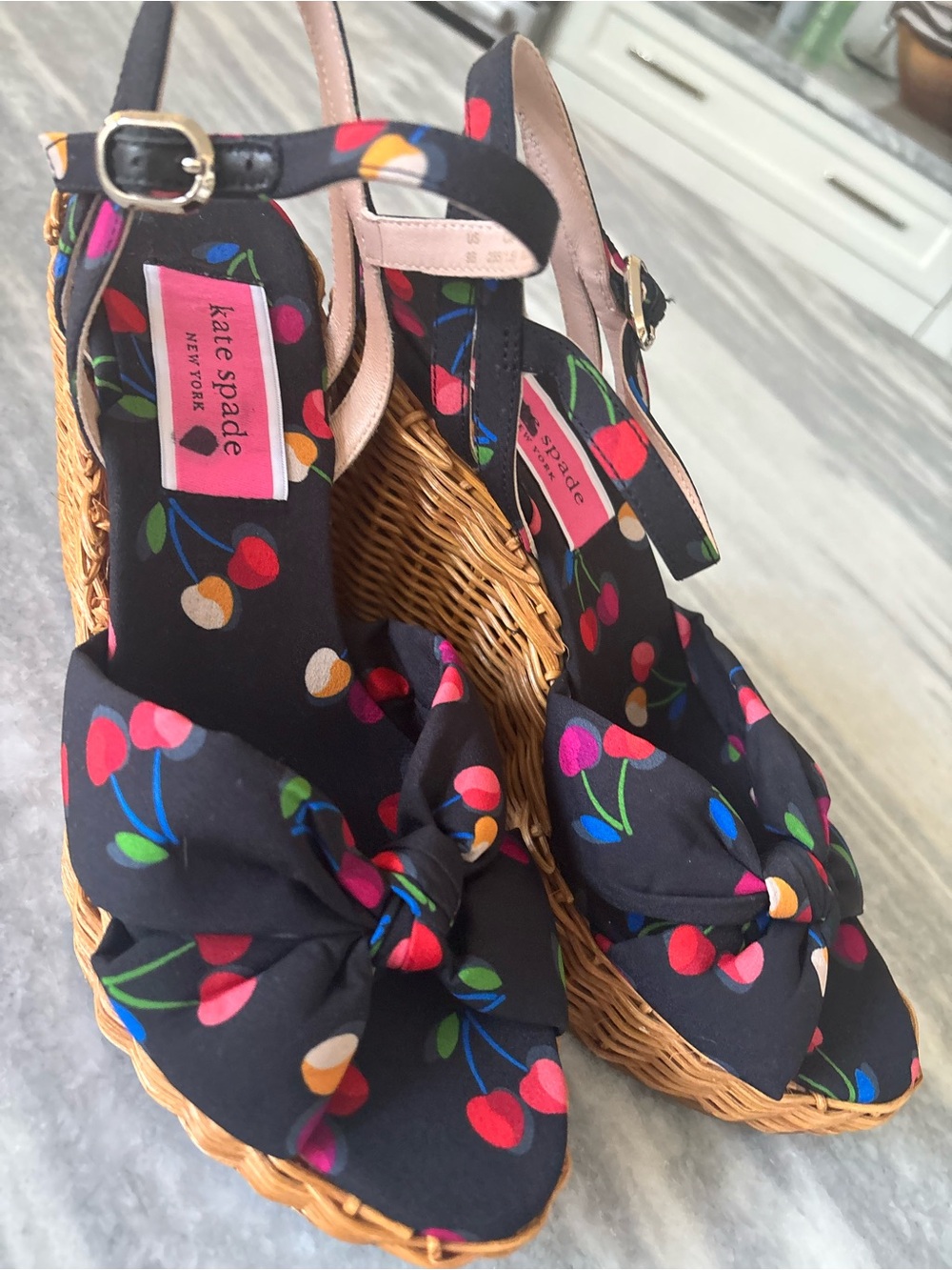 kate spade Black Cherry-Print Wedge Sandals size 9 brand new ! - Picture 8 of 14